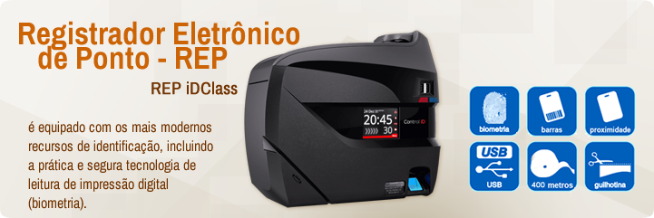 Regisrador Eetrônico de Ponto - REP iDClass - é equipado com os mais modernos recursos de identificação, incluindo a prática e segura tecnologia de leitura de impressão digital (biometria).